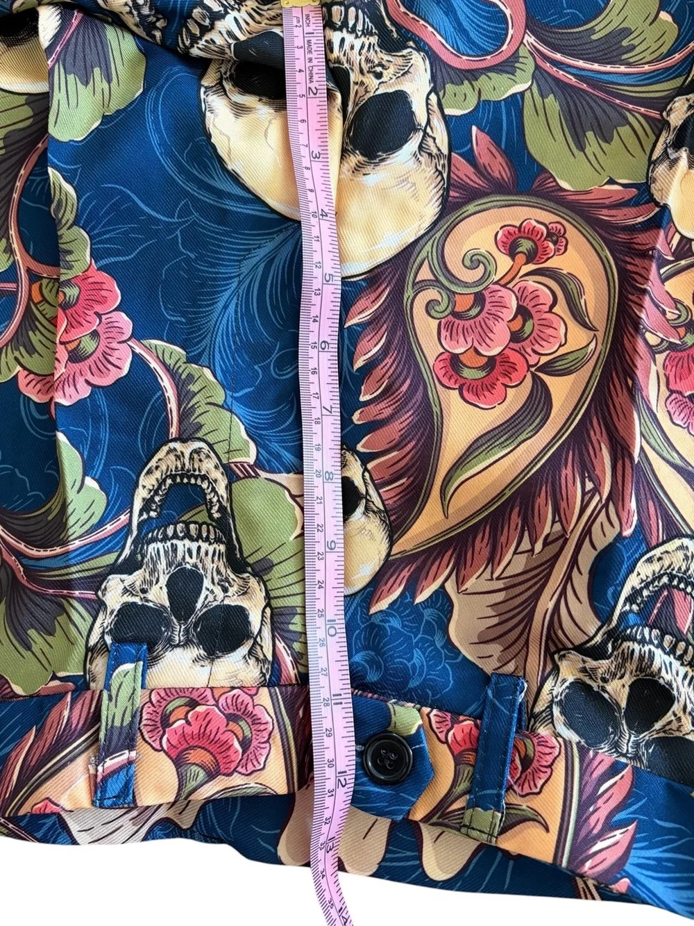 Halloween Bold Blue Floral & Skull Print Men's Suit Jacket, Pants and Tie Sz M